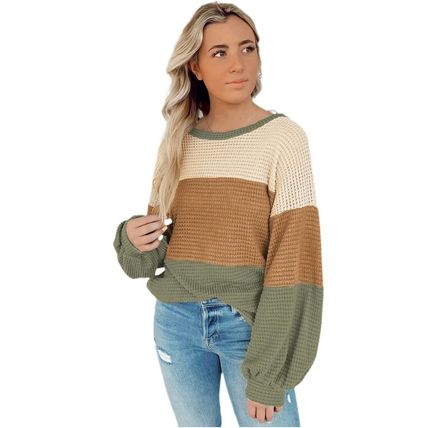 Green Stripe Textured Color Block Bubble Sleeve Baggy Top