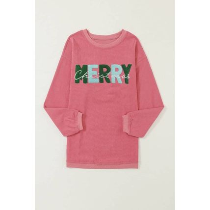 Strawberry Pink MERRY Christmas Corded Pullover Sweatshirt
