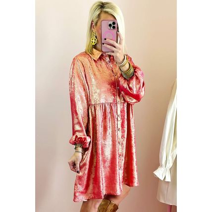 Peach Blossom Metallic Sheen Puff Sleeve Button Up Mini Shirt Dress