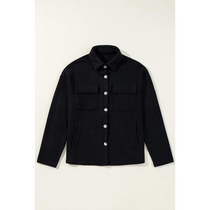 Black Solid Color Corduroy Buttoned Long Sleeve Shacket