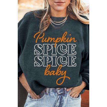 Dark Grey Halloween Pumpkin Spice Baby Graphic Textured Sweatshirt