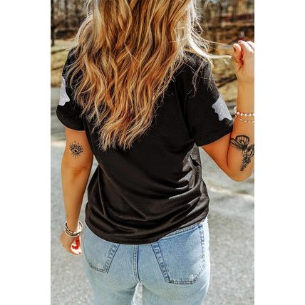 Black Glitter Ghost Pattern Crew Neck Halloween T Shirt