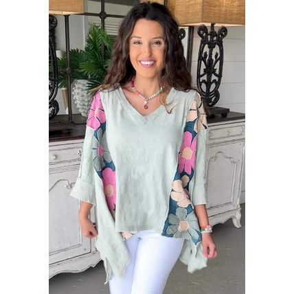 Green Flower Patchwork Exposed Seam Oversized High Low Top