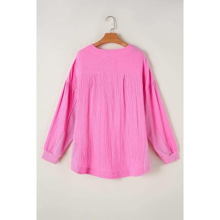Bonbon Half Buttons Chest Pocket Drop Sleeve Plus Size Top