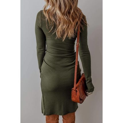 Jungle Green Ribbed Side Slit Ruched Slim Fit Long Sleeve Mini Dress