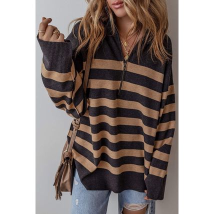 Black Stripe Collared Quarter Zipper Oversized Sweater