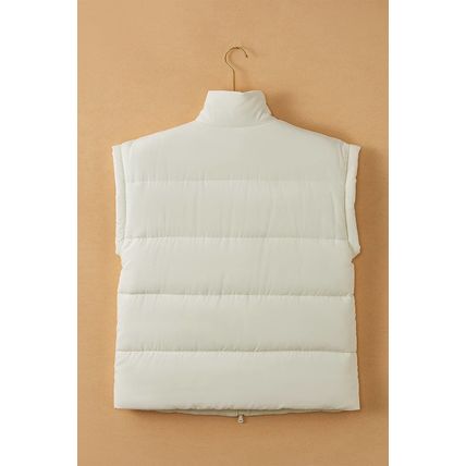 Beige Zipper Stand Neck Oversized Puffer Vest