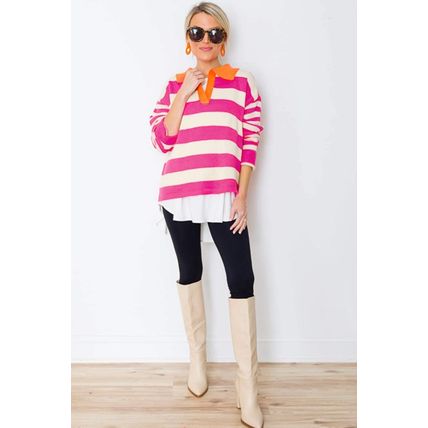 Rose Stripe Color Block Collared V Neck Drop Shoulder Sweater