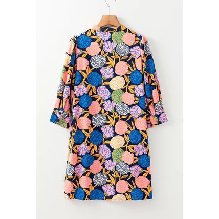 Navy Blue Hydrangea Floral Print Bishop Sleeve V Neck Shift Dress