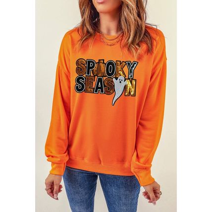 Russet Orange Sequin SPOOKY SEASON Ghost Pattern Halloween Pullover Sweatshirt