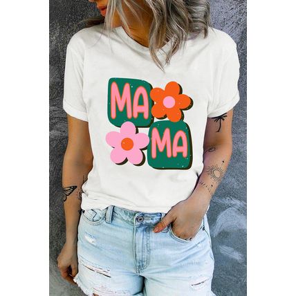 White MAMA Flower Graphic Crewneck Tee