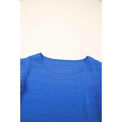 Dark Blue Textured Ruffled Sleeve Round Neck Top