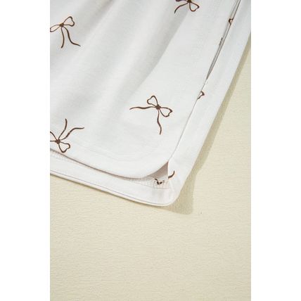 Beige Bow Print Half Zip Tank and Shorts 2pcs Set