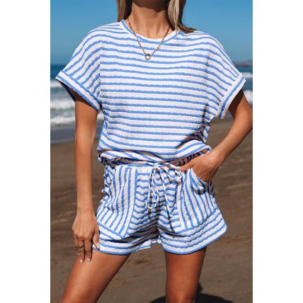 Sky Blue Stripe Knitted Short Sleeve Top and Drawstring Shorts Set