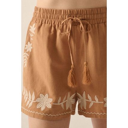 Khaki Embroidered Boho Tasseled Drawstring Elastic Waist Casual shorts