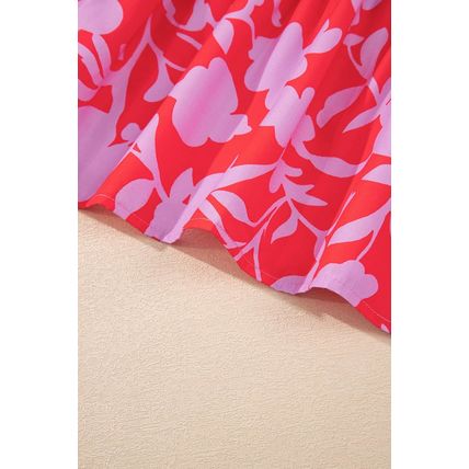 Red Floral Three Quarter Sleeves Ruffle Hem Mini Dress
