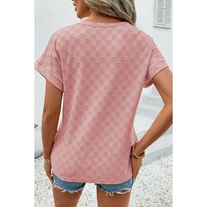 Apricot Pink Checkered Textured Round Neck T-shirt