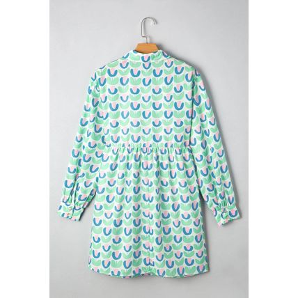 Green Floral Print Notched Neck Scalloped Detail Long Sleeve Mini Dress