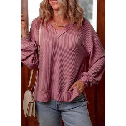 Fiery Red Twisted Rib V Neck Drop Shoulder Loose Sleeve Oversize Top