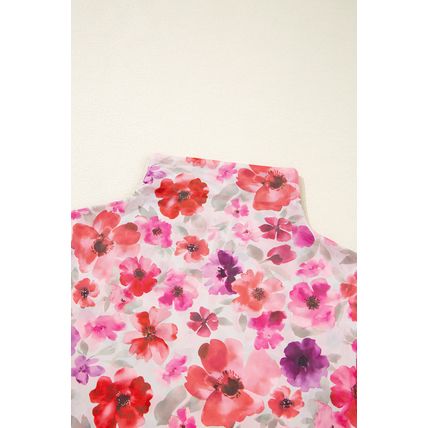 Red Floral Print Long Sleeve Slim Fit Mesh Top
