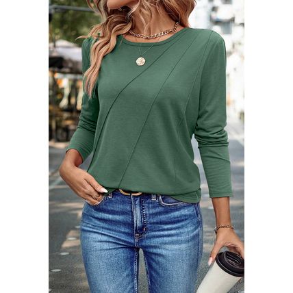 Blackish Green Asymmetric Seam Detail Solid Color Long Sleeve Top