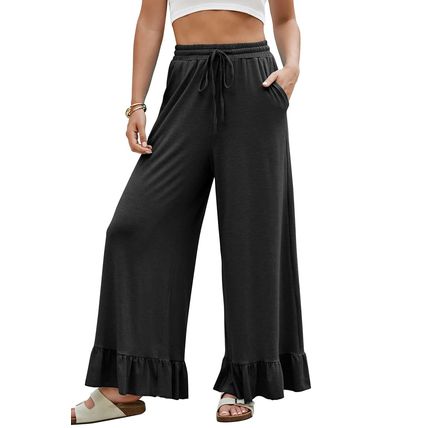 Black Ruffled Wide Leg Pull On High Waist Pants with Pockets