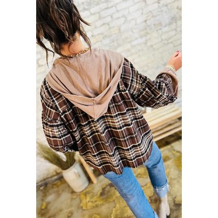 Brown Plaid Patchwork Long Sleeve Button Hooded Blouse
