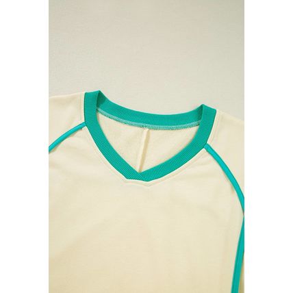 White Contrast Trim Colorblock Long Sleeve Pullover and Drawstring Shorts 2pcs O
