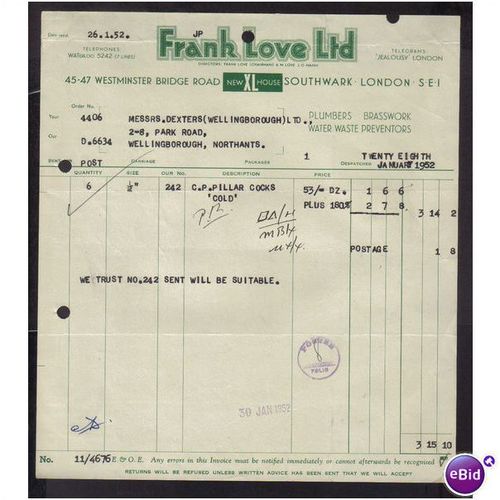 FRANK LOVE LTD,SOUTHWARK,LONDON ,SE1, 26/1/52