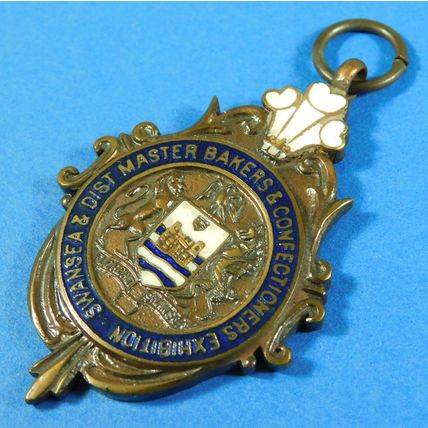 Bronze Enamel Watch Chain Fob Medal Swansea Bakers Confectioners Exhibition 1955