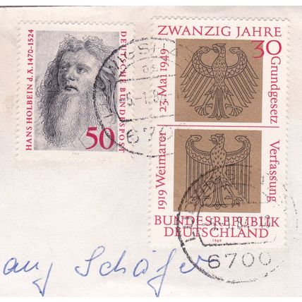 Ludwigshafen postmark Germany 1984 on Hans Holbein 50pf + Federal Republic 20pf
