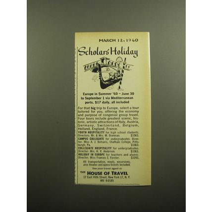 1960 The House of Travel Advertisement - Scholars' Holiday