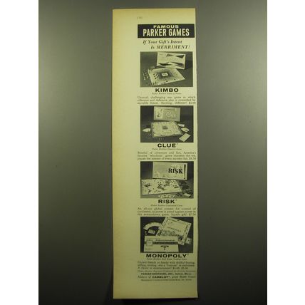 1960 Parker Brothers Games Advertisement - Kimbo, Clue, Risk and Monopoly