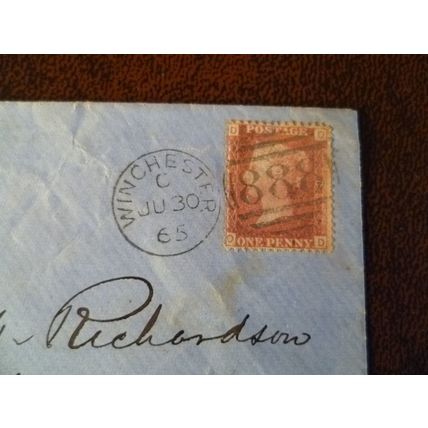 1865 GB QV 1d Red stamp DO Plate 85 cover Richardson Twyford Winchester Lloyd
