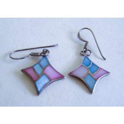 925 Earrings Mother-of-Pearl Pastel Pink & Blue Pierced Drops Sterling Silver