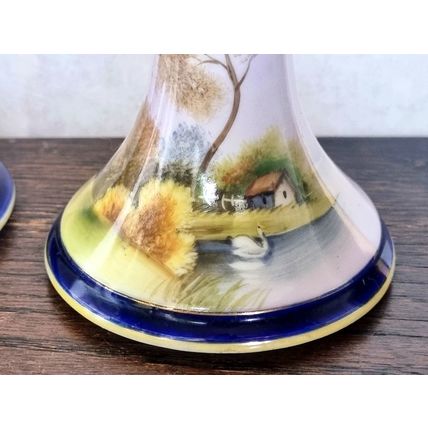 Pair of Candle Stick Holders, Noritake China, 1930s Japanese Porcelain Swan Lake