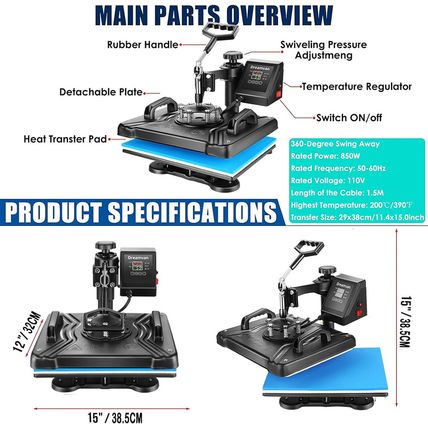 5 in 1 Heat Press Machine for T Shirts Heat Transfer Machine12 X 15" Swing Away