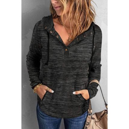 Black Heathered Print Button Snap Neck Pullover Hoodie