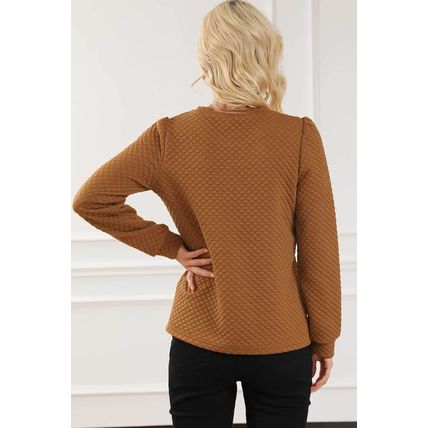 Brown Solid Color Quilted Puff Sleeve Pullover Sweatshirt
