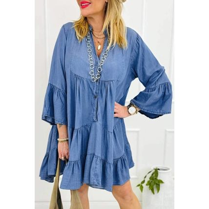 Sky Blue Chambray Ruffled 3/4 Sleeve Tiered Split V Neck Mini Dress