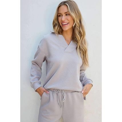 Light Grey Solid Textured Collared V Neck Top and Wide Leg Pants Set