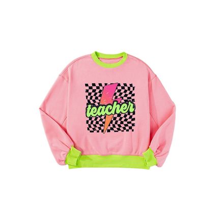 Pink Teacher Lightning Checkered Print Color Block Sweatshirt