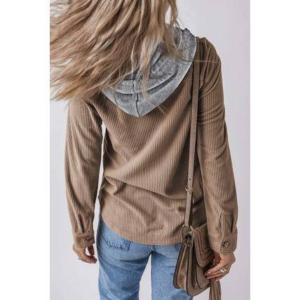 Pale Khaki Hooded Drawstring Pockets Corduroy Shacket