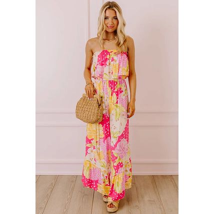 Multicolour Floral Print Ruffled High Waist Tube Top Loose Jumpsuit