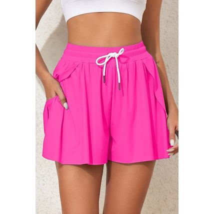 Rose Red Drawstring Elastic Waist Lined Ruffle Shorts Bikini Bottom