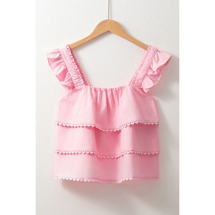 Pink Tiered Heart Trim Square Neck Flutter Top