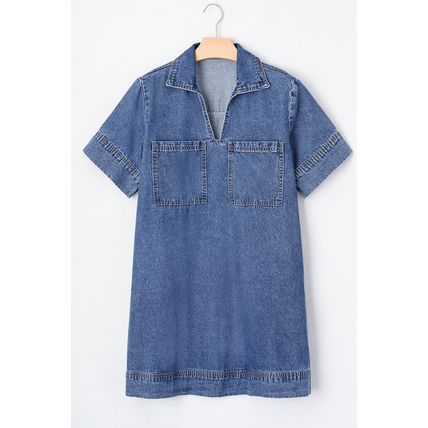Blue Short Sleeve Collared Patched Pocket Denim Mini Dress