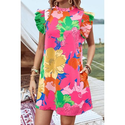 Pink Bold Floral Flutter Sleeve Shift Mini Dress with Pockets