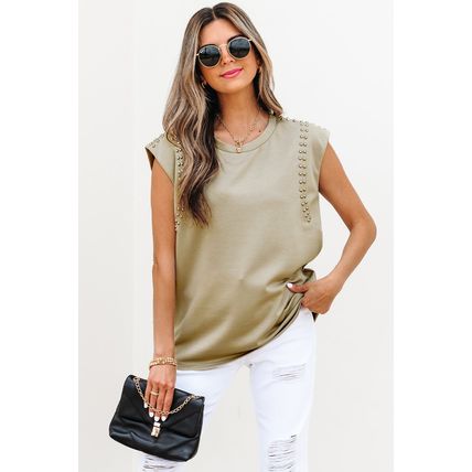Sage Green Studded Cap Sleeve Round Neck T Shirt