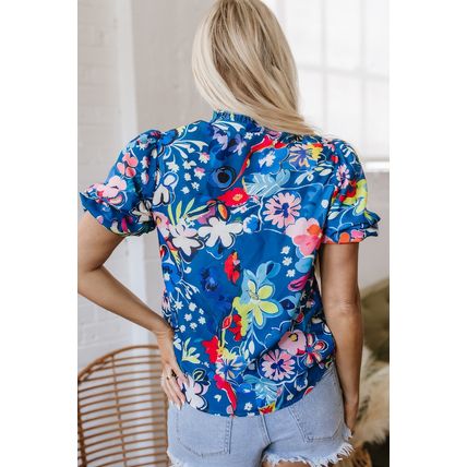 Blue Flower Print Collared V Neck Puff Short Sleeve Loose Blouse